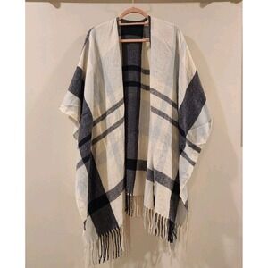 Banana Republic Plaid Poncho Cape Shawl Wrap Fringe Open Front One Size